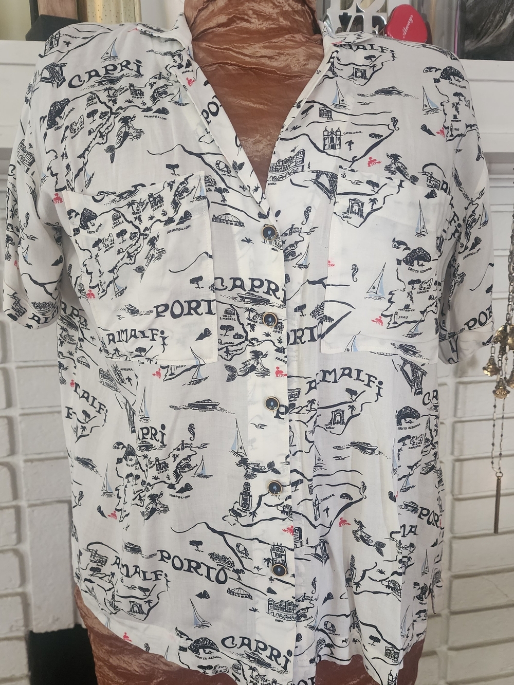 Maeve White Button-Down Shirt with  Map Print and Small Red Accents